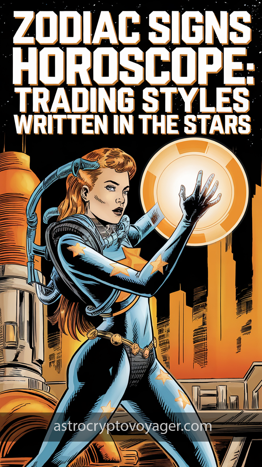 Comic book style, black and white with orange accents: Text on the image: "Zodiac Signs Horoscope Trading Styles Written in the Stars."